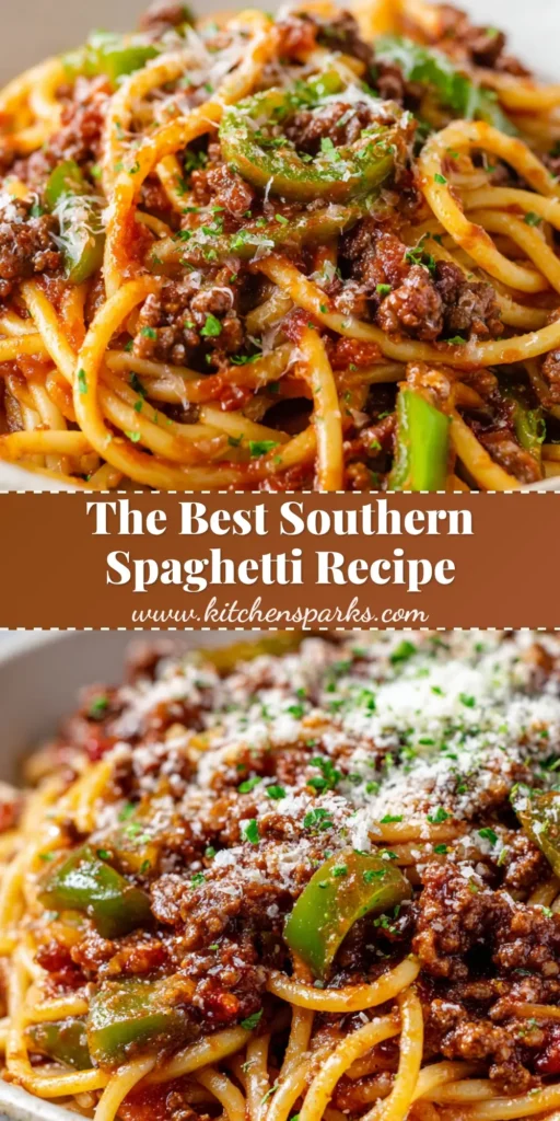 A close-up shot of southern spaghetti in a shallow white ceramic pasta bowl featuring thick, dark red, glossy tomato sauce and browned ground beef.