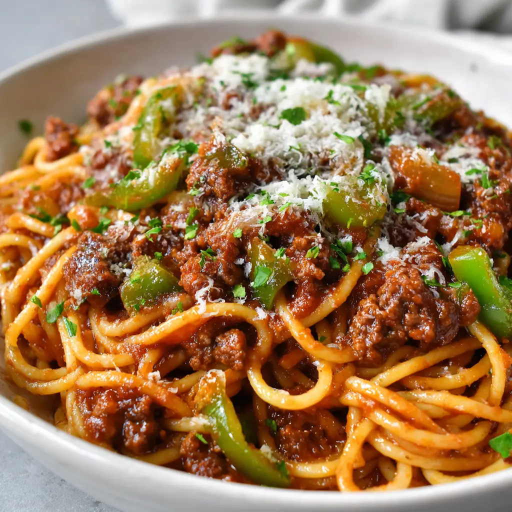 Delicious Southern Spaghetti garnished with finely grated parmesan cheese and dried green parsley flakes in a white bowl.