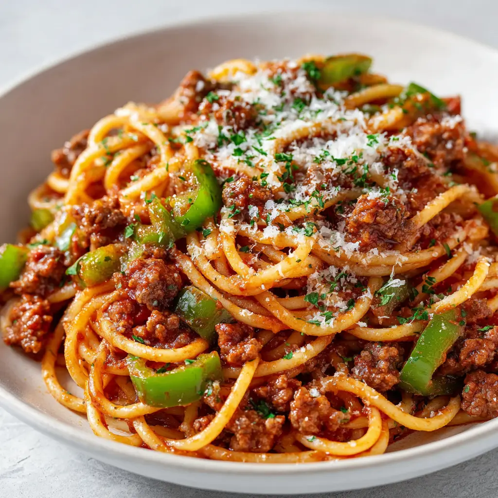 Long spaghetti noodles heavily coated in a glossy tomato sauce with soft cooked green bell peppers and translucent onions.