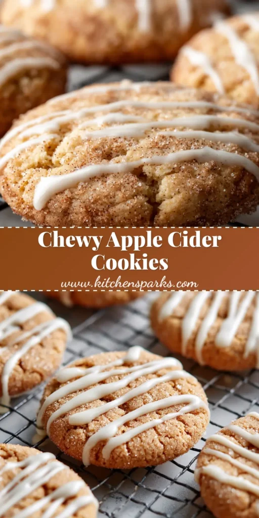 A close-up shot of freshly baked chewy round Apple Cider Cookies resting on a wire cooling rack, coated in cinnamon sugar and an opaque white glaze.