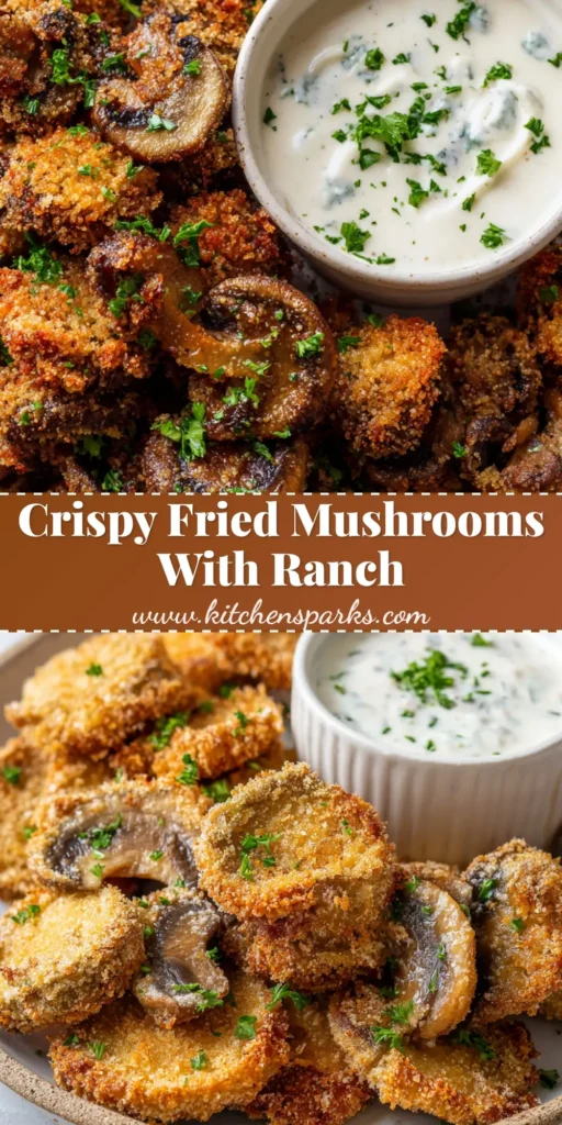 A rustic ceramic plate piled high with crispy golden brown breaded and fried mushroom slices, thick crunchy exterior, creamy white ranch dressing in a ramekin with herb flakes, fresh parsley garnish.