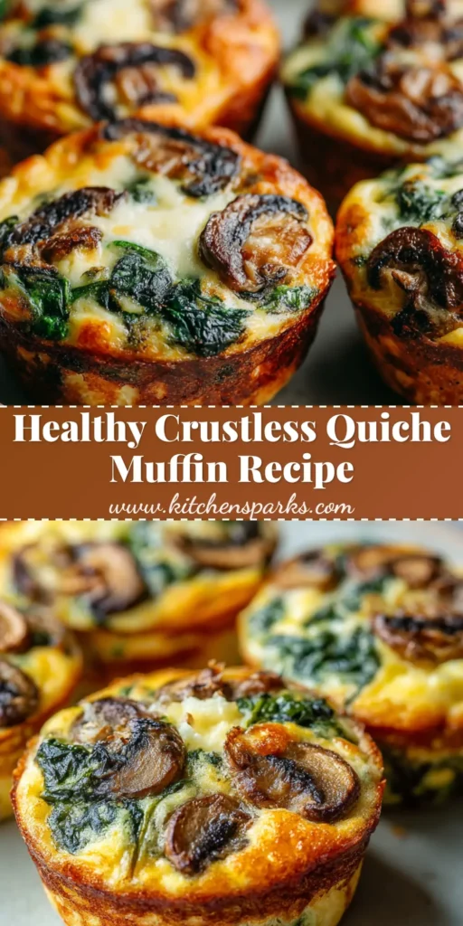 A close up view of baked Crustless Quiche Muffins showing a dense, moist egg interior, wilted spinach, and tender brown cremini mushrooms.