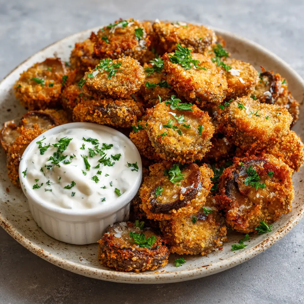 Handheld photo showing a plate of thick, crispy fried sliced mushrooms with a small ramekin of creamy ranch dressing speckled with tiny green herbs.