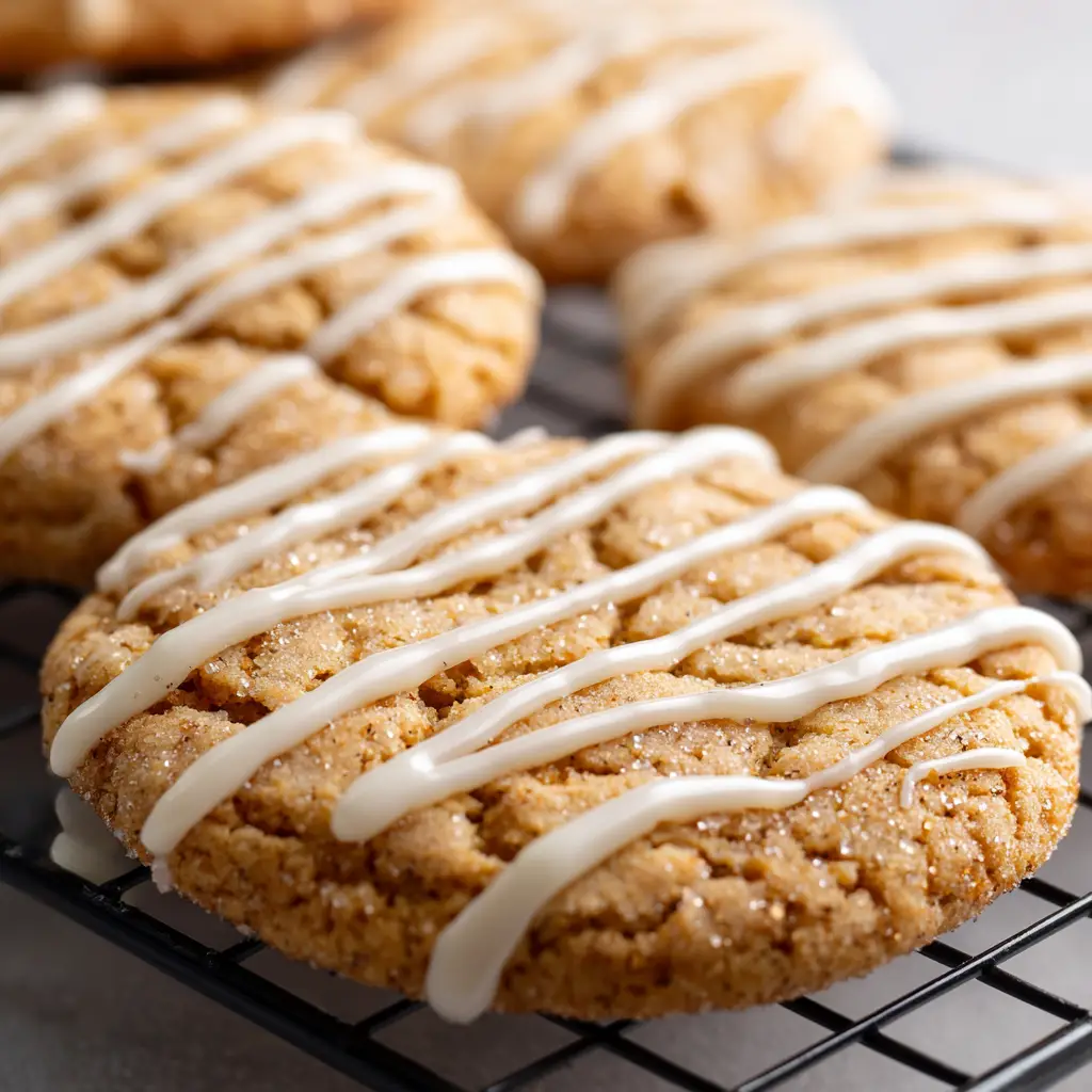 Close-up of Apple Cider Cookies with a thick, zigzag drizzle of opaque white sweet glaze.