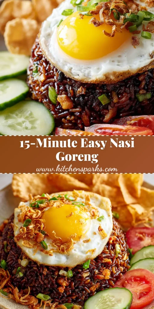 Close-up of a Nasi Goreng Recipe with dark brown caramelized fried rice, a crispy-edged sunny-side-up egg, cucumbers, and tomatoes.