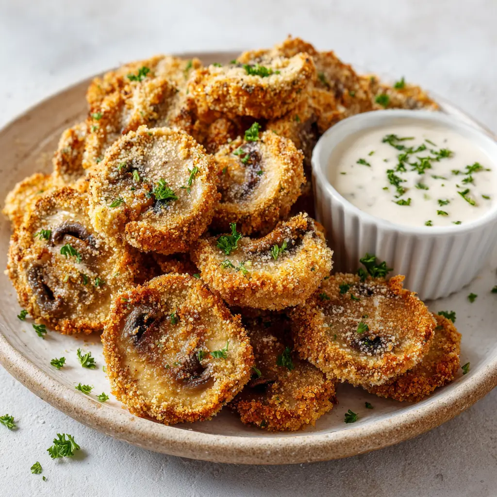 Close up of heavily breaded, crunchy fried mushroom slices lightly garnished with fresh green parsley next to a creamy dipping sauce.