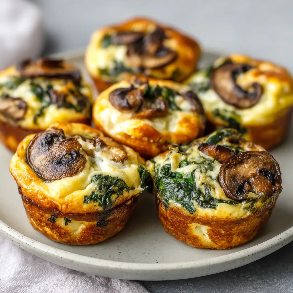 Crustless Quiche Muffins resting on a light gray ceramic plate revealing a dense, moist egg, vegetable, and cheese interior.