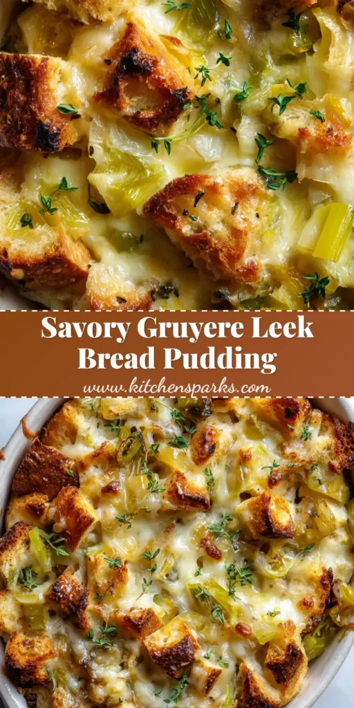 Overhead shot of freshly baked savory bread pudding with melted bubbly gruyere cheese and fresh thyme in a rustic baking dish.