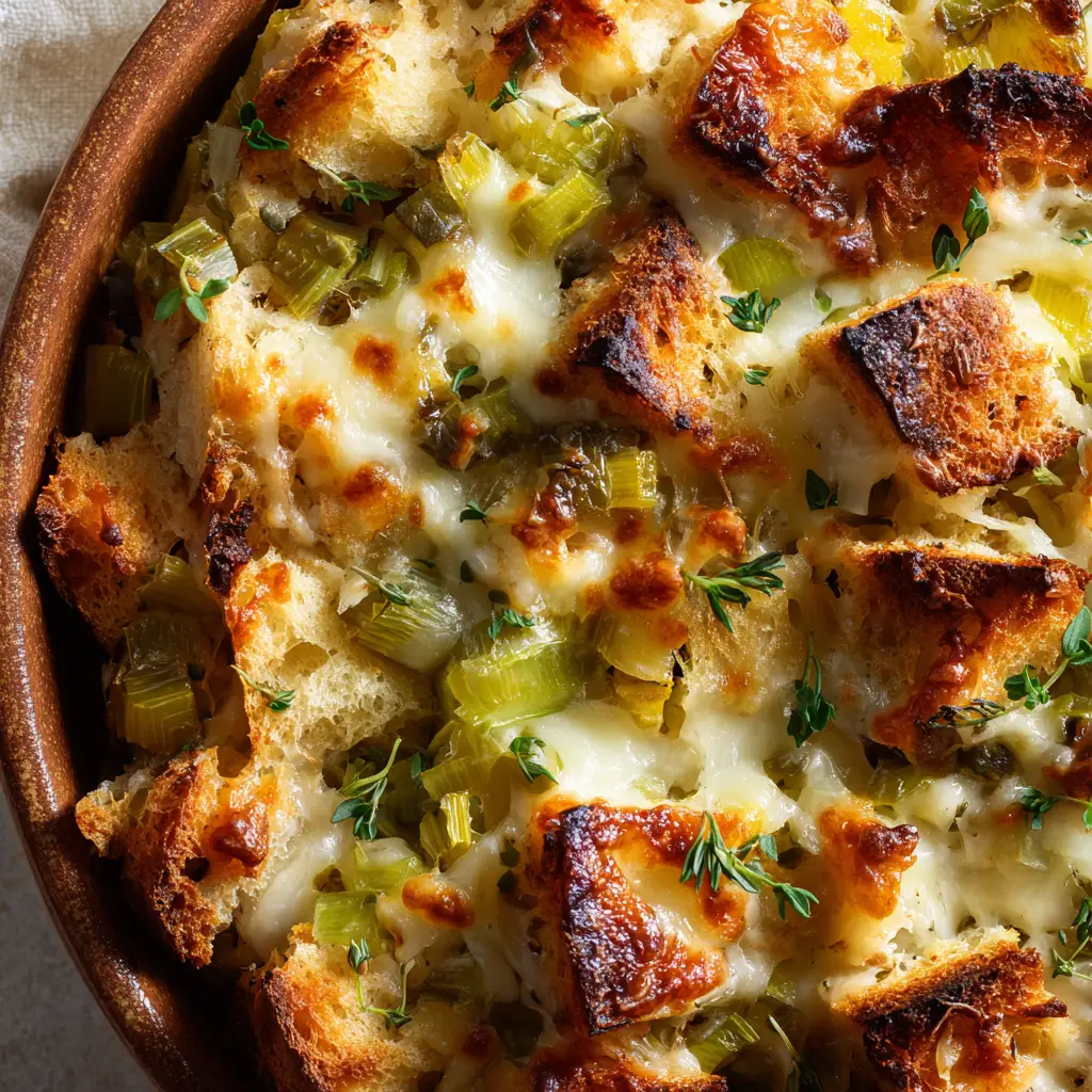 Thick layer of melted, browned Gruyere cheese on top of baked savory bread pudding with crispy toasted corners.