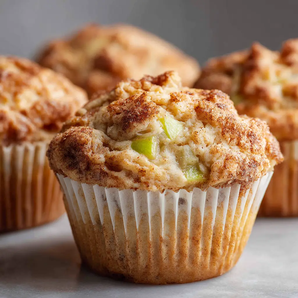 Close-up of fluffy Healthy Apple Cinnamon Muffins resting on a light gray countertop, showing caramelized apple edges and rich cinnamon speckles.