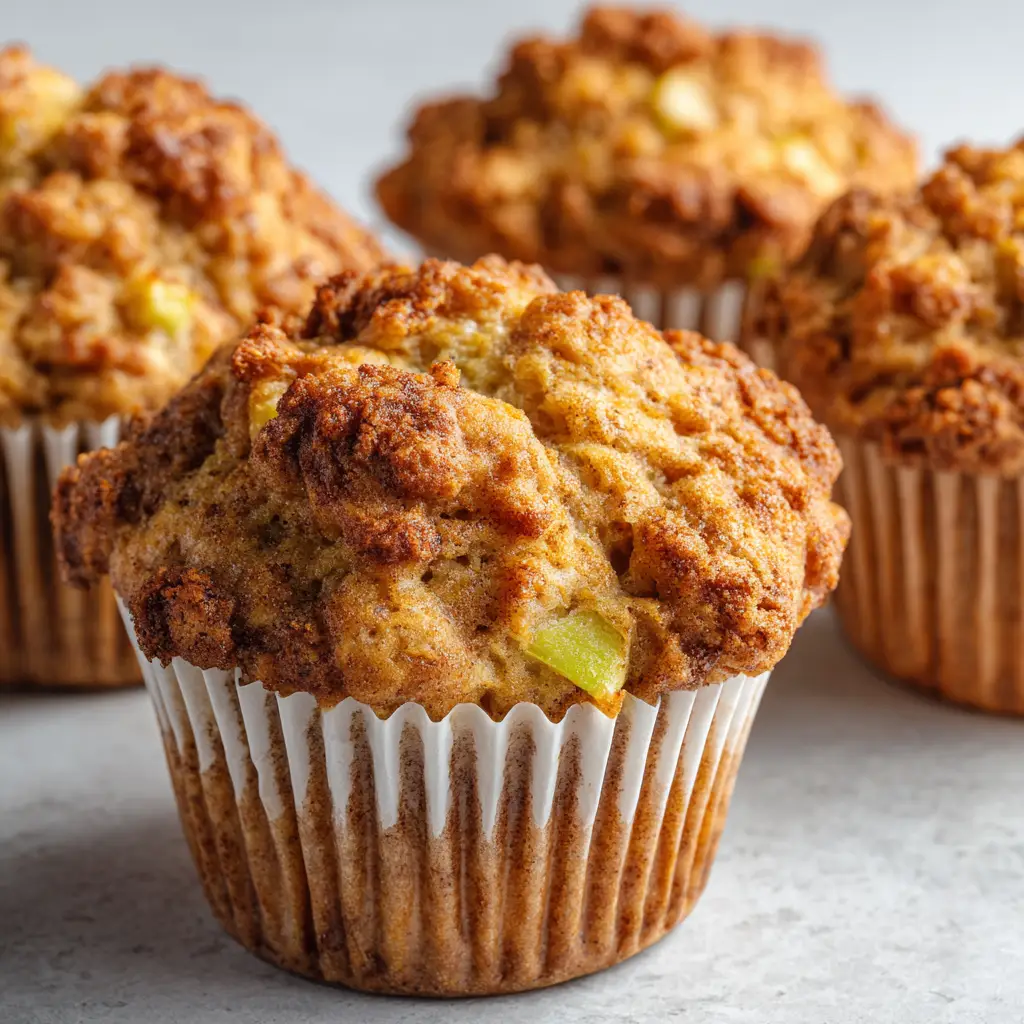 Moist crumb texture of Healthy Apple Cinnamon Muffins encased in standard white corrugated paper muffin liners.
