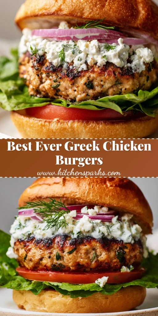 A tall, juicy Greek chicken burger stacked with green leaf lettuce, red heirloom tomato, tzatziki, and feta on a lightly toasted brioche bun, served on a rustic white plate.