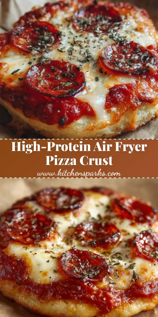 Close-up of a small round Air Fryer Cottage Cheese Pizza featuring a golden brown, puffed crust, thick red sauce, bubbling mozzarella, and curled pepperoni resting on parchment paper.