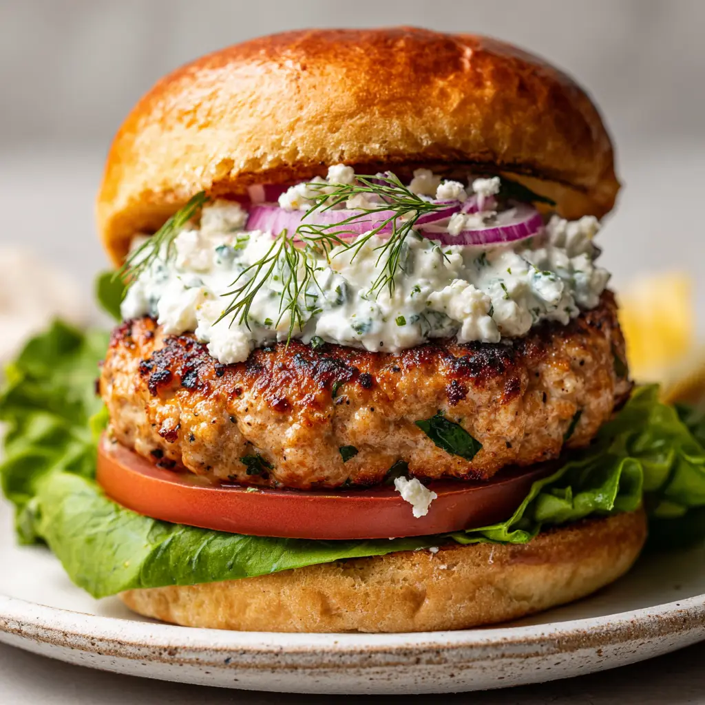 Close-up of a pan-seared ground chicken patty with visible green herb flecks, resting on a thick red heirloom tomato slice.