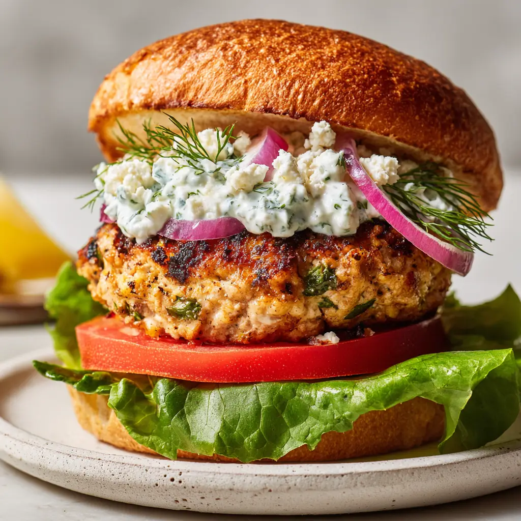 Thick creamy white tzatziki sauce dotted with green cucumber being spooned over a hot chicken burger patty.