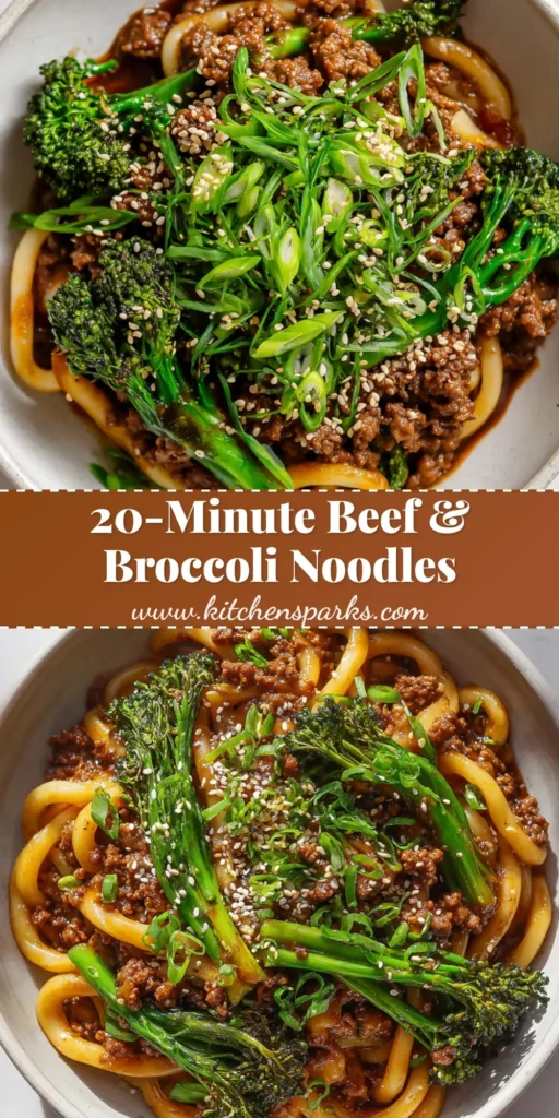 A minimalist white bowl filled with Ground Beef and Broccoli Noodles, topped with glossy brown sauce, bright green scallions, and sesame seeds.