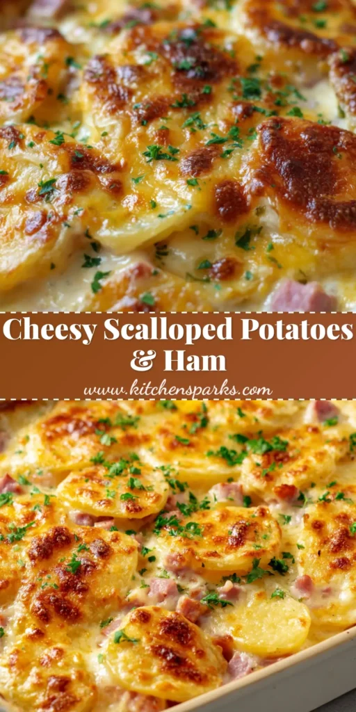 A bubbling, perfectly baked scalloped potatoes and ham casserole in a rectangular ceramic baking dish.