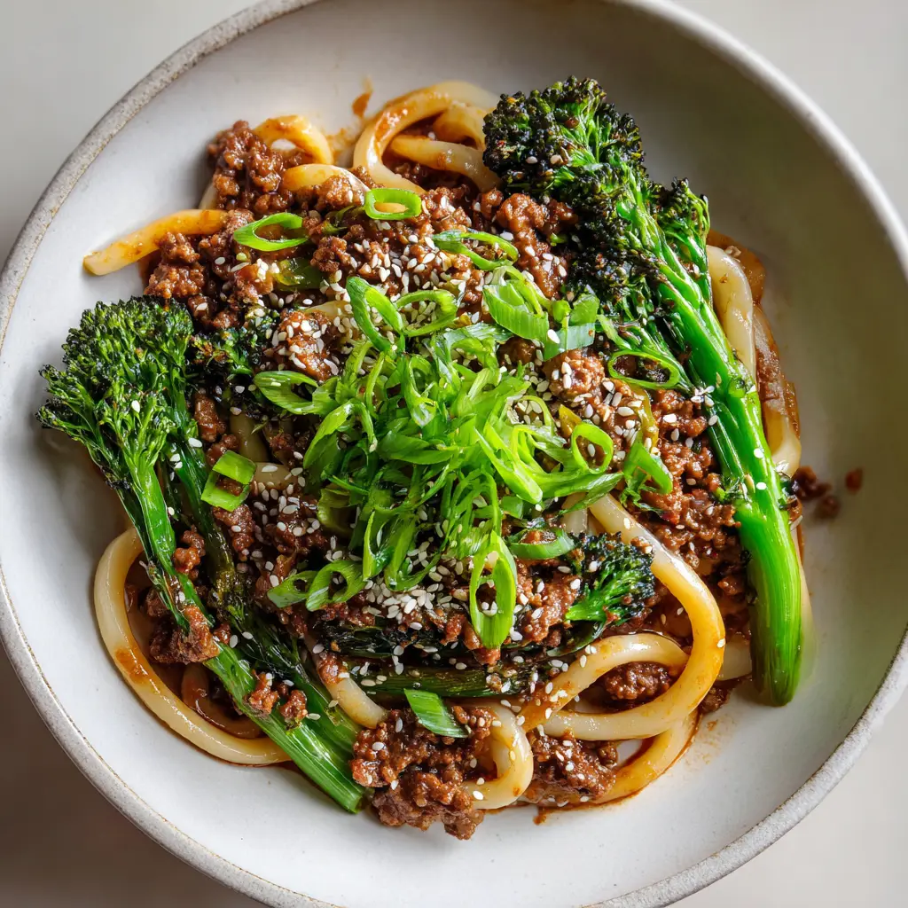 Close-up overhead shot of thick chewy udon noodles, crispy ground beef, and steamed broccoli in a mahogany soy-garlic sauce.