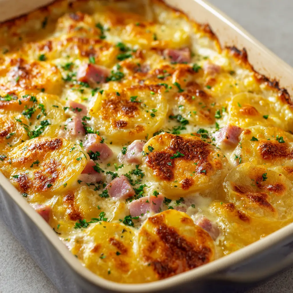 Overlapping thin circular slices of cooked potatoes and pink diced ham topped with blistered cheddar cheese.