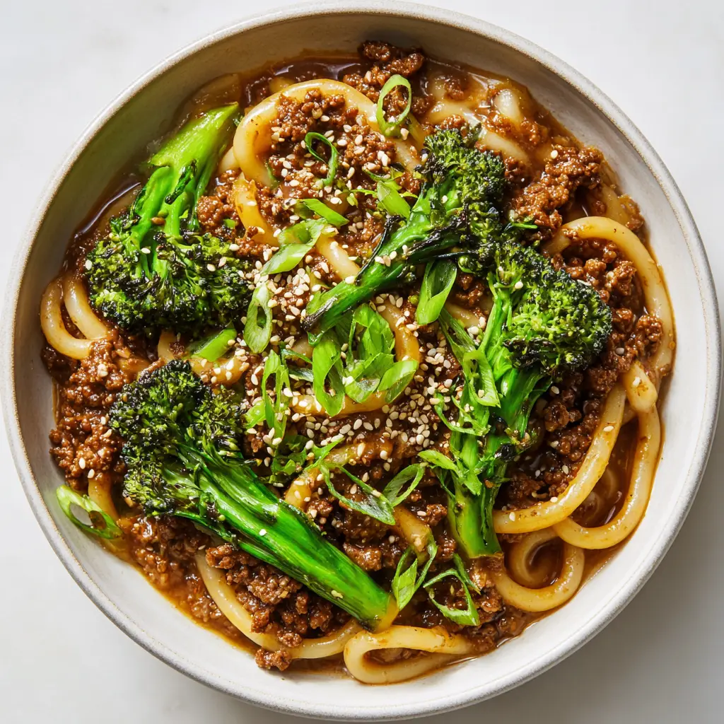 Overhead view of savory ground beef and bright green broccoli florets over chewy udon noodles garnished with sesame seeds.
