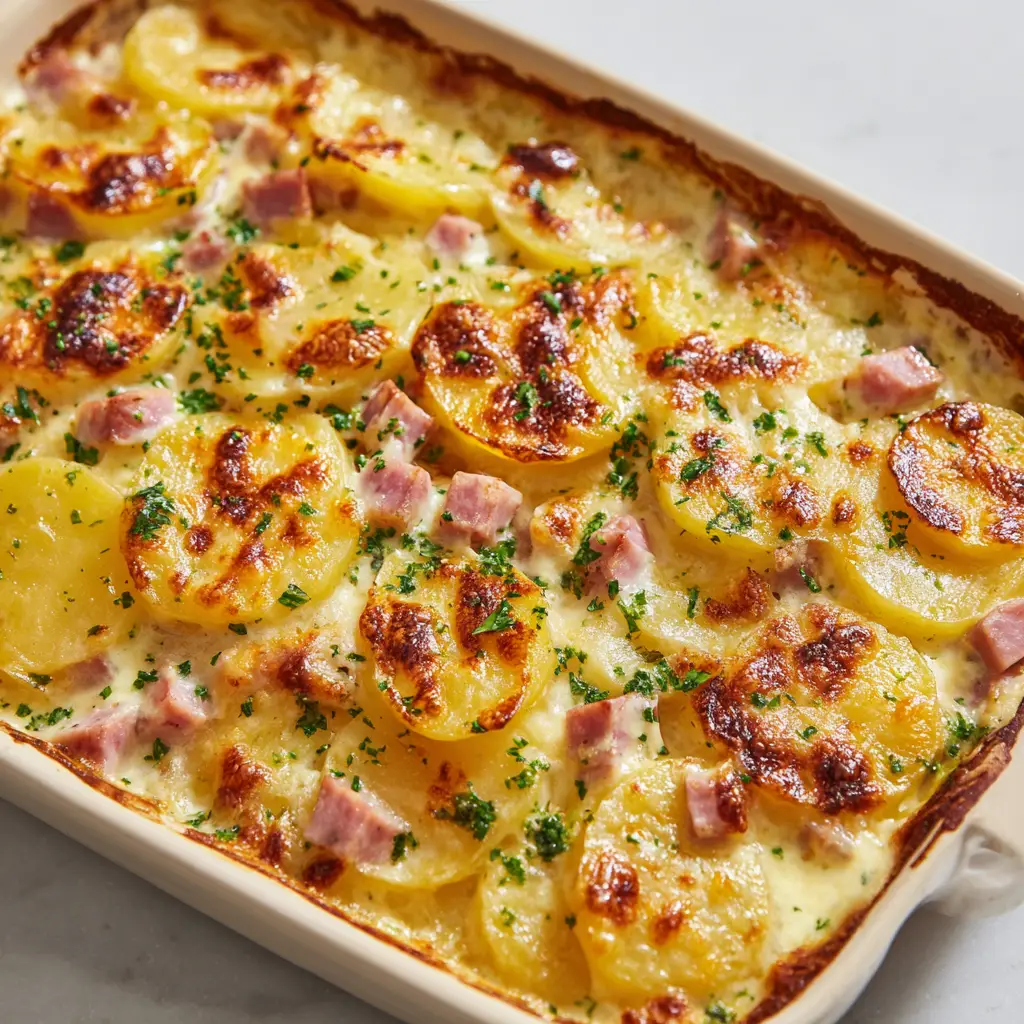 A close-up view of freshly baked scalloped potatoes and ham casserole garnished with green parsley.