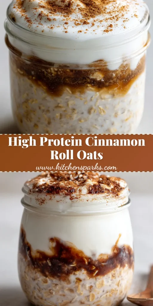 A close-up shot of a clear glass mason jar filled with high protein cinnamon roll overnight oats, featuring a dark brown cinnamon syrup swirl and glossy white vanilla yogurt icing.