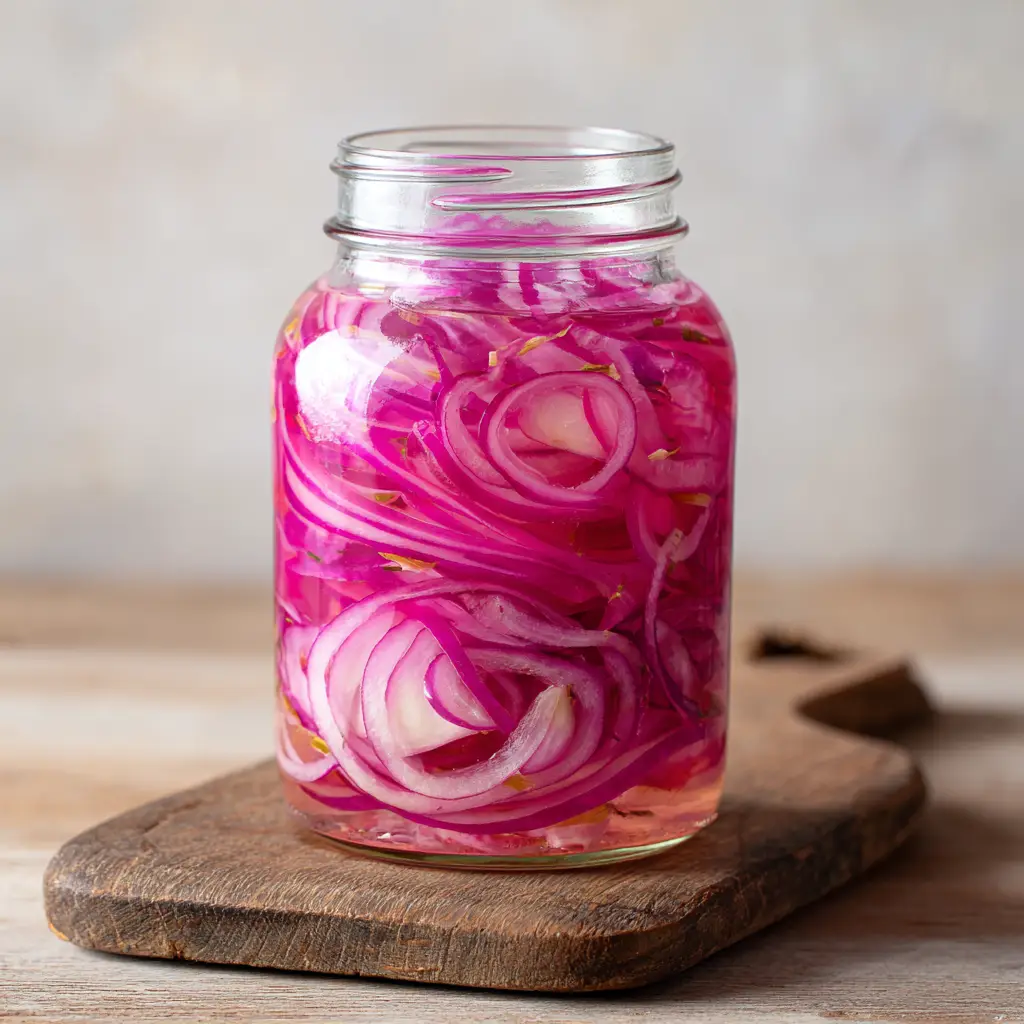 Overhead view of Gordon Ramsay Pickled Onions in a clear glass mason jar bathed in soft natural daylight.