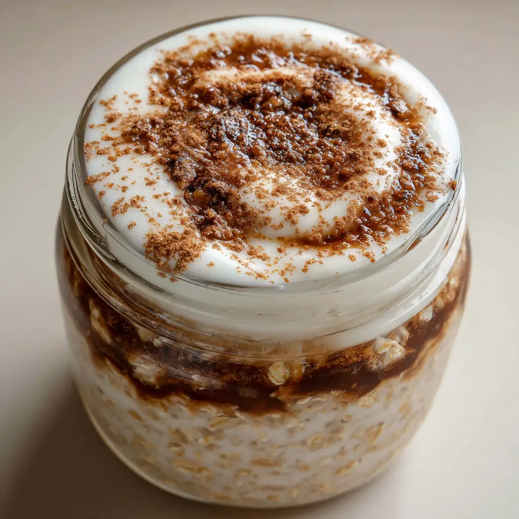 A distinct, thick swirl of dark brown cinnamon syrup in the middle layer of high protein overnight oats.