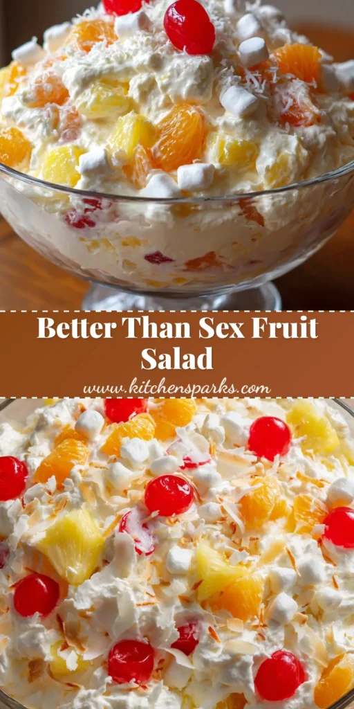 A large glass serving bowl filled with Better Than Sex Fruit Salad, featuring a thick fluffy whipped base, bright mandarin oranges, pineapple, coconut, and cherries on a wooden table.