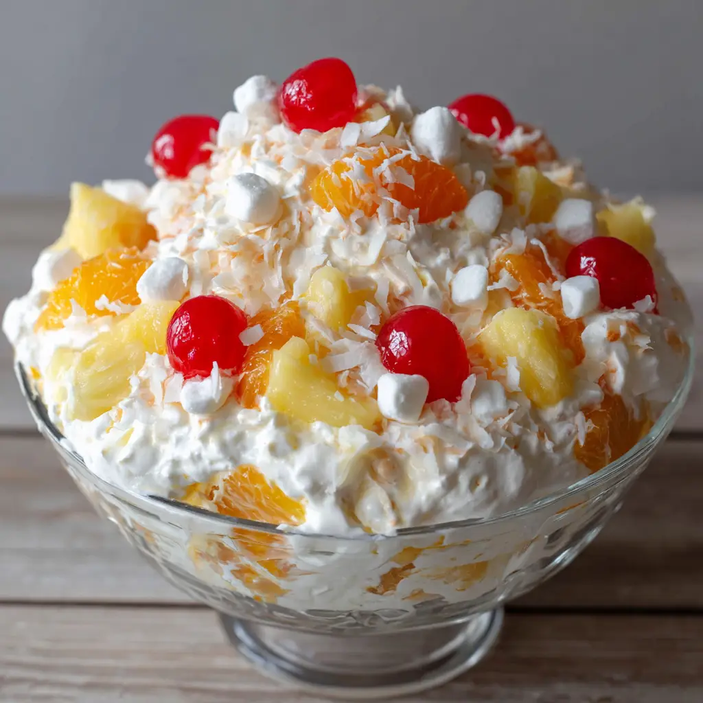 Close-up, top-down view of Better Than Sex Fruit Salad showing a fluffy white whipped cream base mixed generously with bright orange mandarin segments, yellow pineapple, marshmallows, and red cherries.