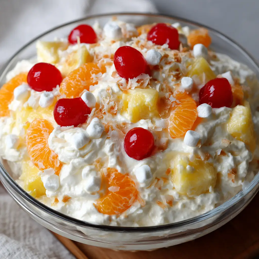 Top-down view of creamy fruit salad with mandarin oranges and maraschino cherries resting on top of a fluffy mixture as a vibrant garnish.