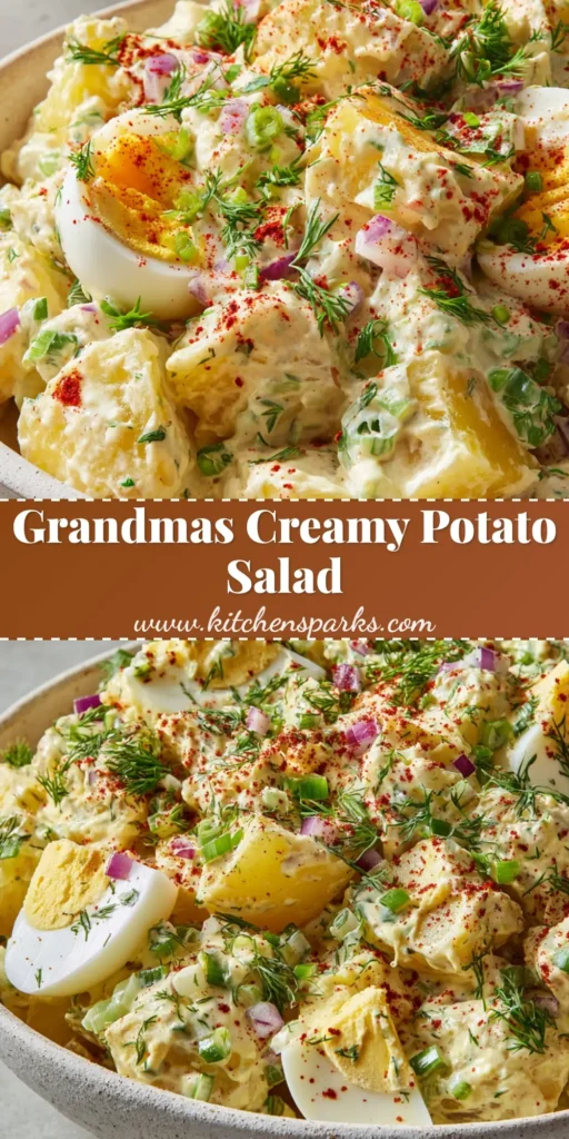 A close-up vertical shot of classic creamy potato salad in a rustic white bowl, topped with paprika and fresh herbs.