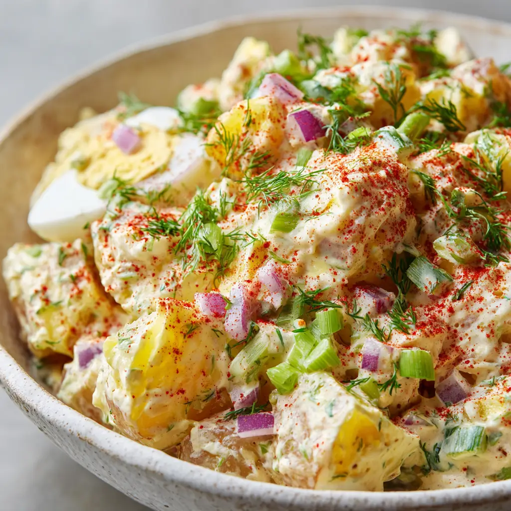 Close-up view of creamy potato salad featuring large tender chunks of yellow potatoes, hard-boiled eggs, celery, and red onion heavily coated in a pale-yellow dressing.