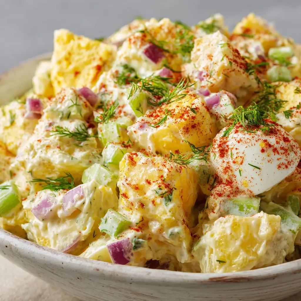 Top-down view of a classic potato salad garnished with red paprika powder, fresh green dill, and parsley.