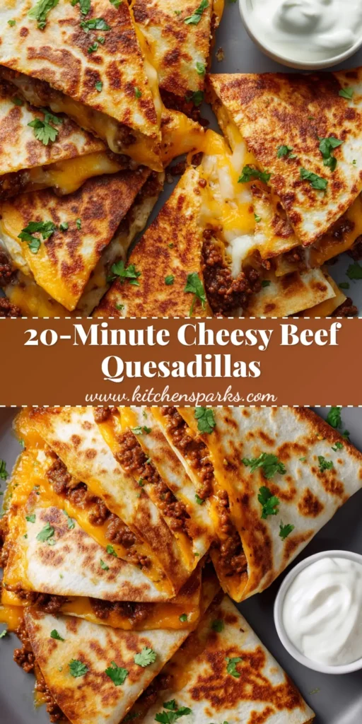 A close-up, top-down view of pan-toasted Ground Beef Quesadillas folded and cut into triangles with oozing cheddar and Monterey Jack cheeses.