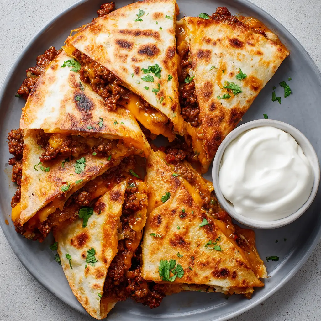 Slices of Ground Beef Quesadillas displaying golden-brown, blistered crispy spots and melted white Monterey Jack cheese stretching at the edges.