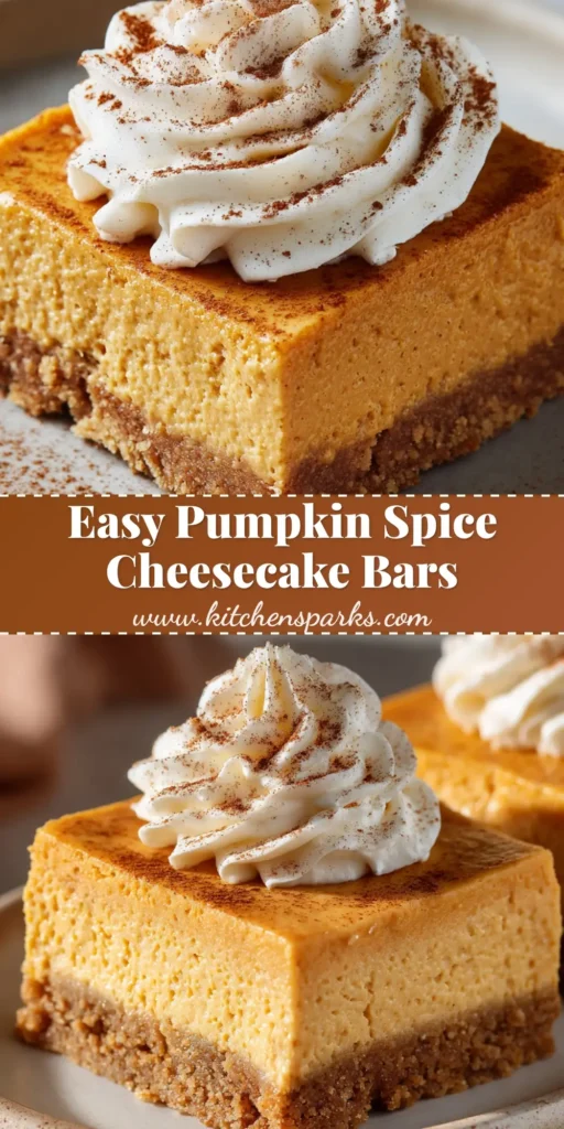 A close-up shot of a square pumpkin spice cheesecake bar on a matte plate, featuring a thick graham crust, dense orange filling, and piped whipped cream.