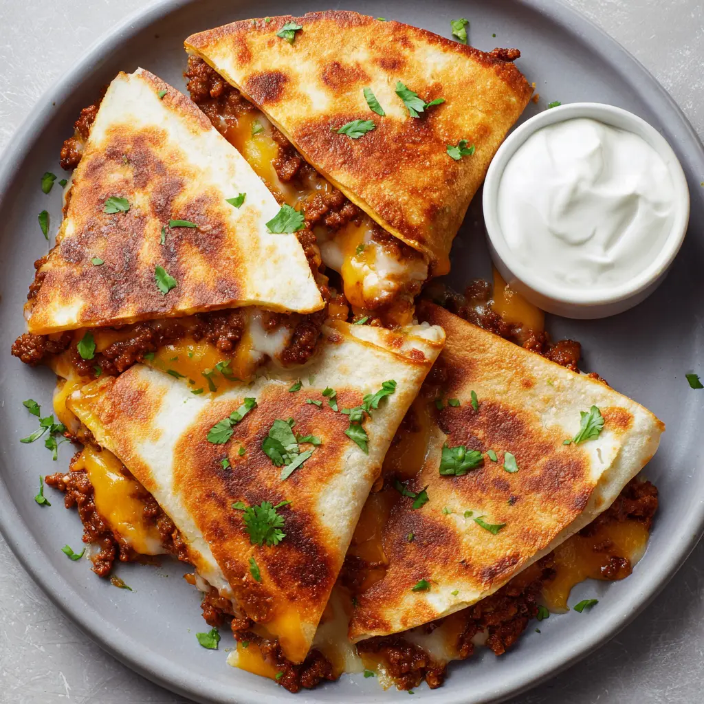 Matte grey ceramic plate holding Ground Beef Quesadillas garnished with fresh green cilantro and a side of smooth white sour cream.