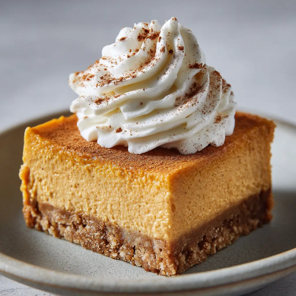 Top-down view of a Pumpkin Spice Cheesecake Bar garnished with a perfectly piped swirl of stark white whipped cream and a dusting of cinnamon powder.