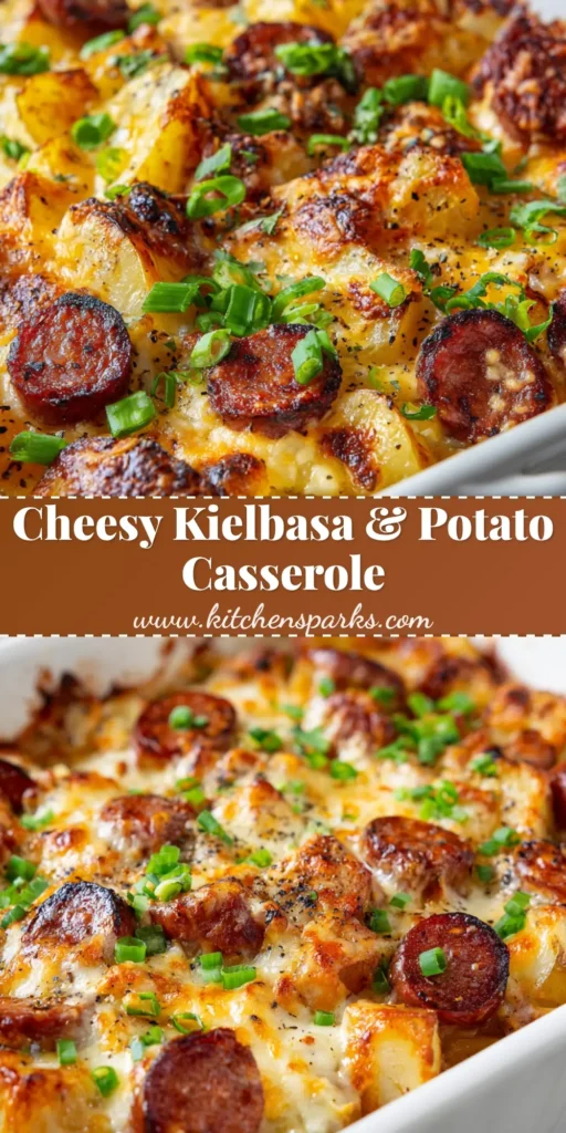 A freshly baked Kielbasa Potato Casserole in a white ceramic dish topped with gooey melted cheese and green onions.