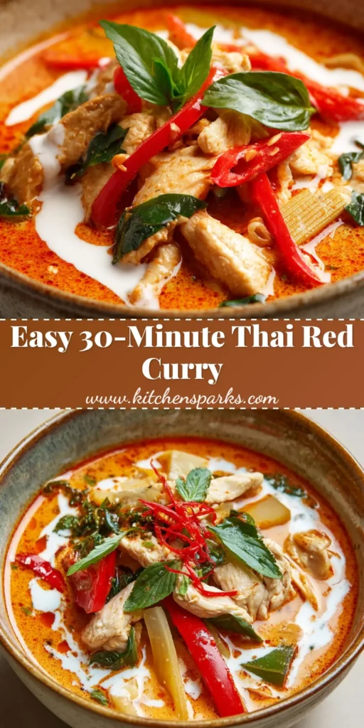 A rustic ceramic bowl filled with Thai Red Curry with Chicken, featuring a creamy reddish-orange coconut broth, chicken strips, red bell peppers, bamboo shoots, topped with coconut cream, fresh Thai basil, and sliced chilies.