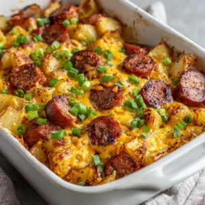 Close up of cheesy Kielbasa Potato Casserole in a rectangular baking dish with coarse black pepper.