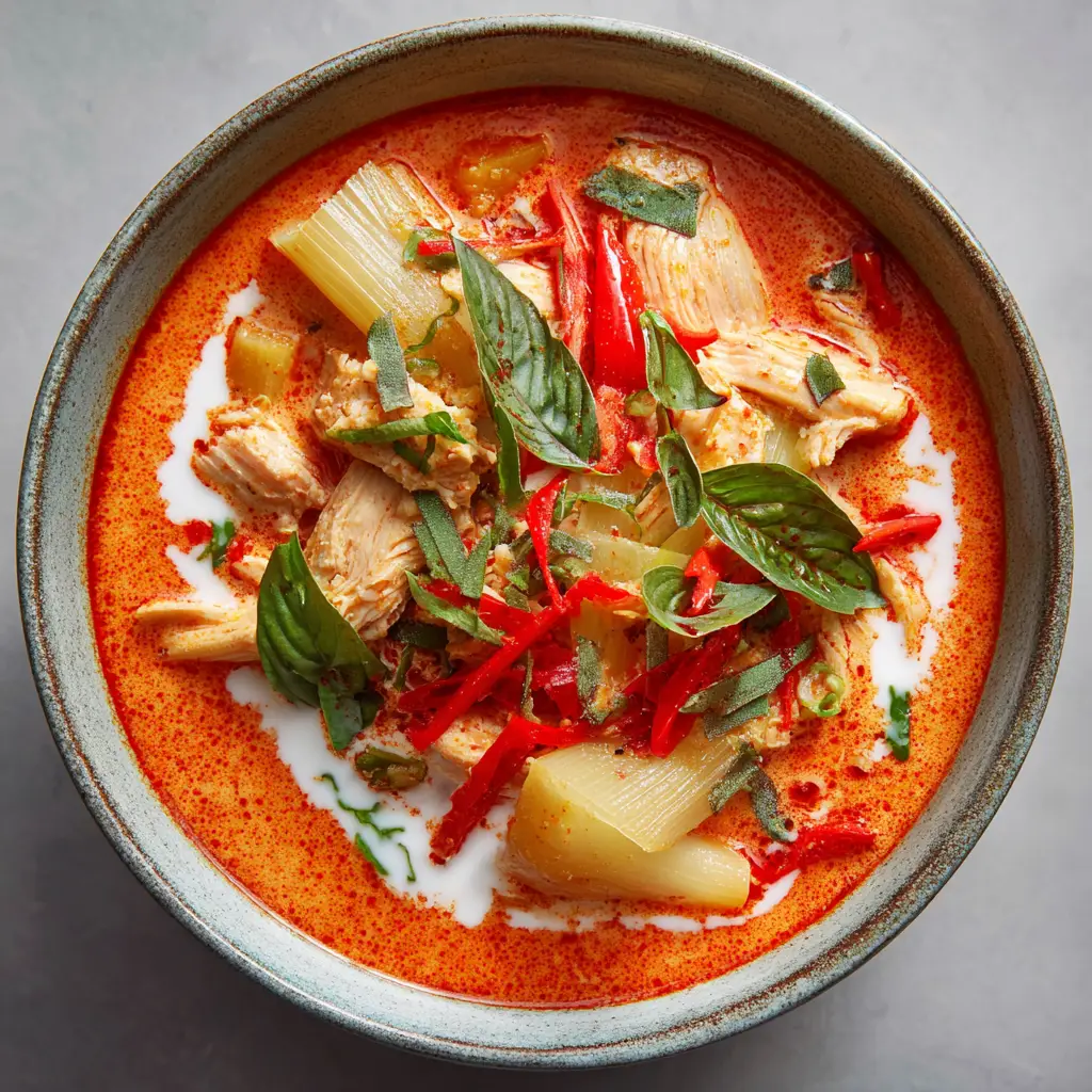 Close-up view of Thai Red Curry with Chicken with vibrant reddish-orange coconut milk broth, pale yellow bamboo shoots, and a drizzle of thick white coconut cream.