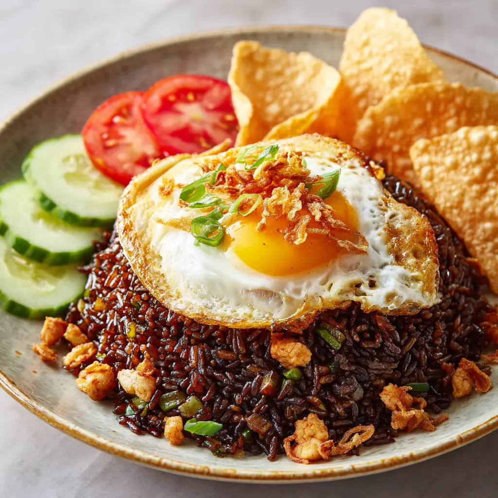 Glossy dark brown Indonesian fried rice infused with sweet soy sauce and chicken.