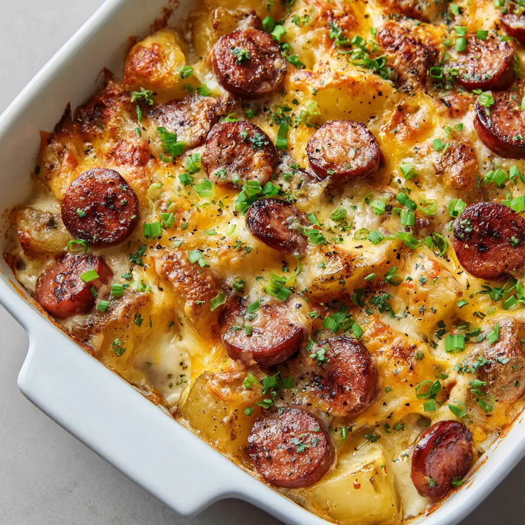 Pan-seared smoked sausage and tender cubed potatoes smothered in sharp cheddar and mozzarella.