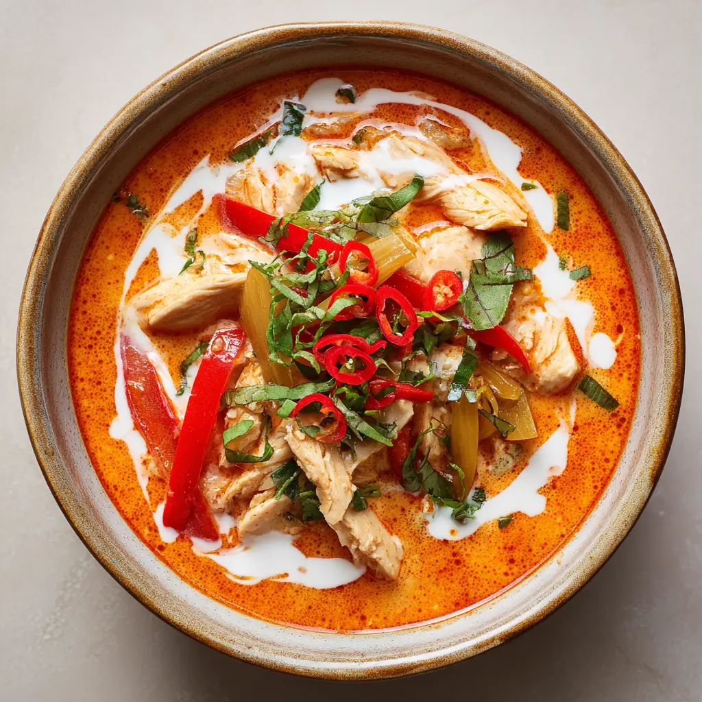 Overhead shot of Thai Red Curry with Chicken garnished with vibrant green Thai basil leaves and sliced red chilies in a rustic bowl.