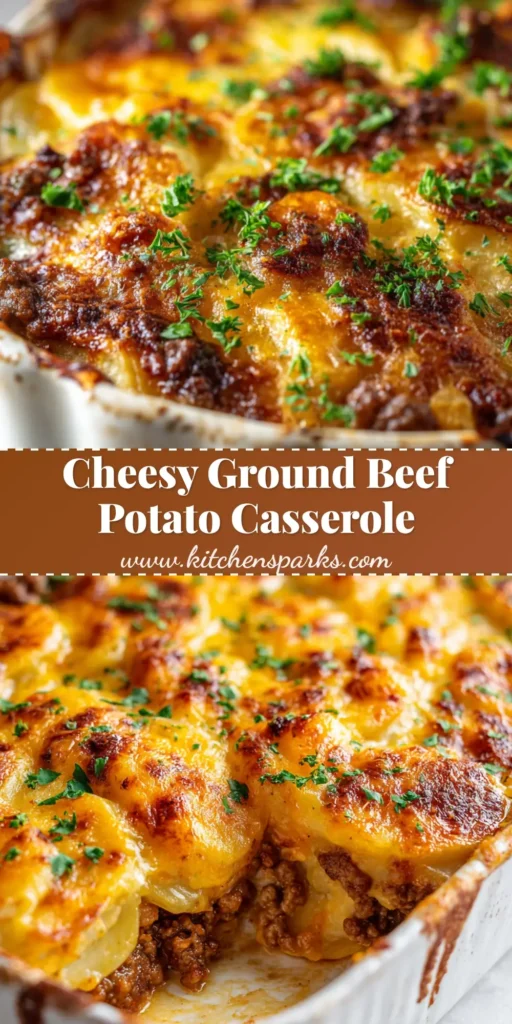 A freshly baked ground beef and sliced potato casserole in a rustic white ceramic baking dish with melted cheddar cheese and chopped parsley.