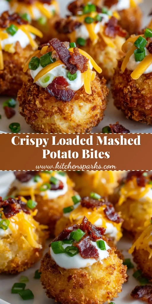 A close-up of crispy loaded mashed potato bites topped with sour cream, sharp yellow cheddar cheese, bacon bits, and green onions.