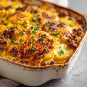 Close-up of a golden-brown ground beef potato casserole with crispy edges and fresh parsley garnish.