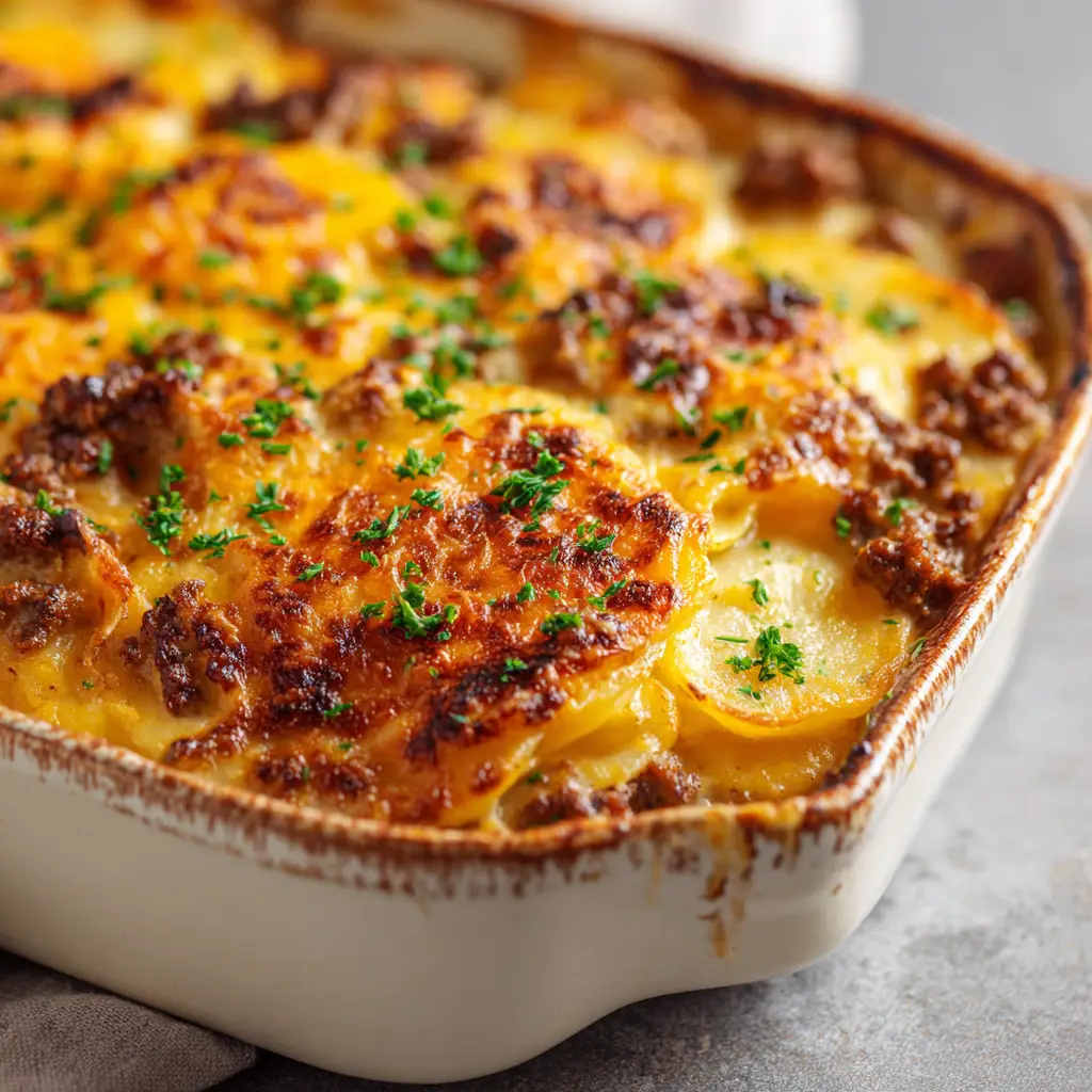Close-up of a golden-brown ground beef potato casserole with crispy edges and fresh parsley garnish.